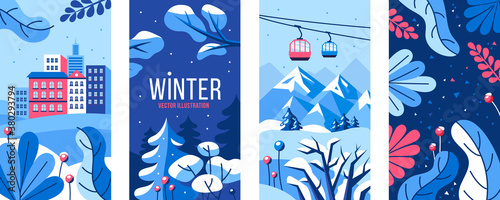 Vector set of winter illustrations with snowy city, forest, mountain, trees and leaves. Vertical banners for social networks. Wallpaper for a phone. Greeting Cards.