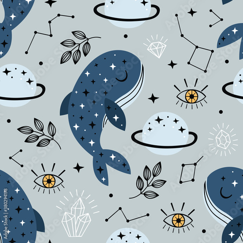 seamless pattern with blue whale in the sky
