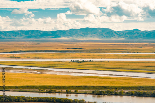 The Yellow River winding up in Ruoergai Grassland, Sichuan , autumn time. photo