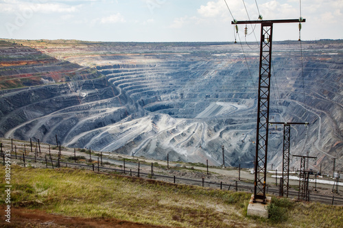 Giant iron ore quarry in Rudny, Kazakhstan. Mining raw minerals for steel production. Panorama view of open-pit quarry. photo