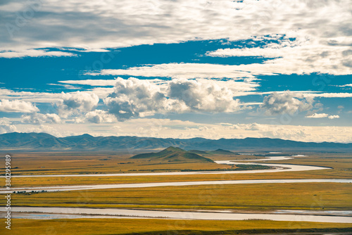 The Yellow River winding up in Ruoergai Grassland, Sichuan , autumn time. photo