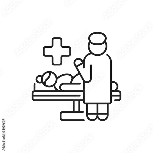 Midwife takes delivery black line icon. Cesarean section. Pictogram for web, mobile app, promo. UI UX design element