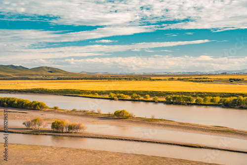 The Yellow River winding up in Ruoergai Grassland, Sichuan , autumn time. photo