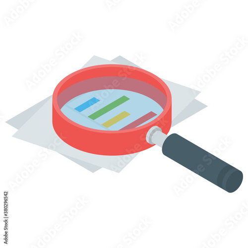 
Magnifier with report, research icon in isometric design.
