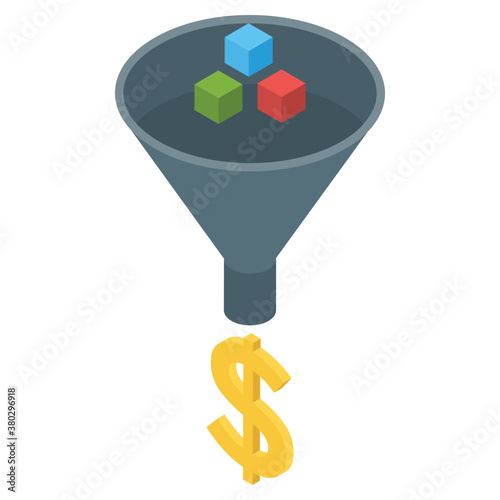 
Isometric design of filtration icon, funnel with money.
