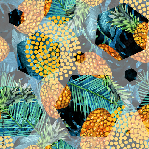 Seamless pattern illustration with pineapple,palm leaves,fern leaves and tropical leaves isolated on tropic background