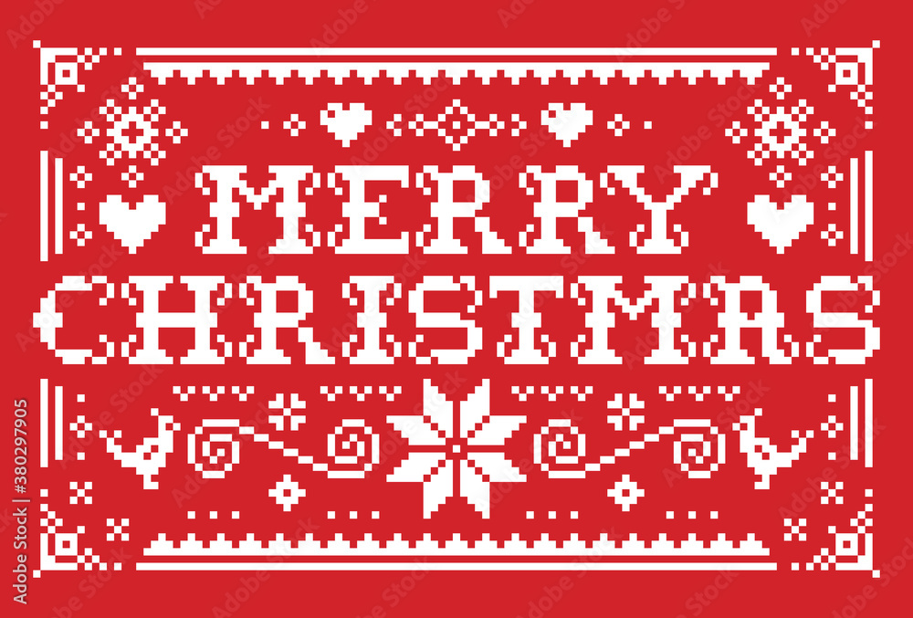 Merry Christmas vector greeting card pattern in red on white background - Scandinavian knnitting, cross-stitch design
Merry Christmas vector greeting card pattern in red on white background - Scandinavian knnitting, cross-stitch design