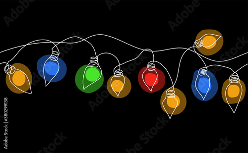 Color garland string, festoon. Glowing christmas lights, festive decorations on black background. Vector seamless horizontal border pattern.