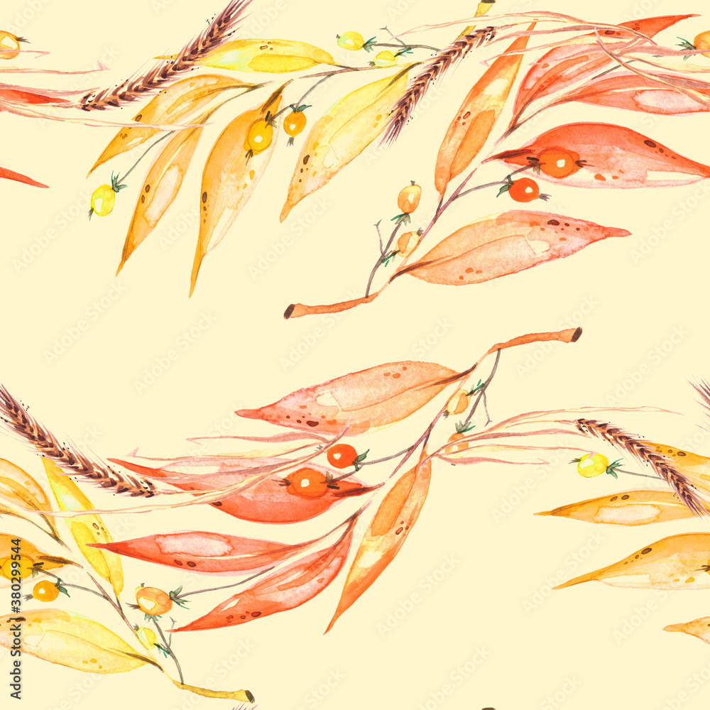 Watercolor seamless pattern. Branch with berry Watercolor background, drawing with autumn leaves, plants, berries, branches of linden, aspe. Spikelet, wheat, wild grass. Raindrops, water, splashes