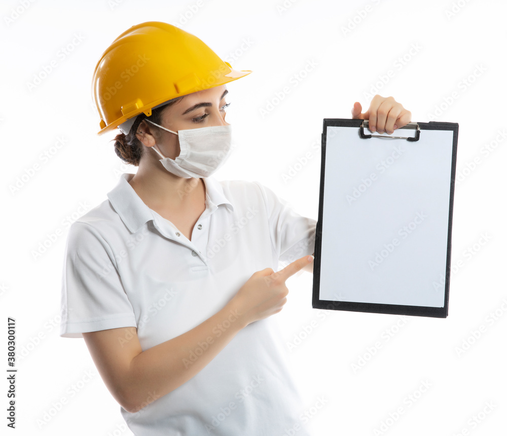 female worker wearing protective face mask
female worker wearing protective face mask