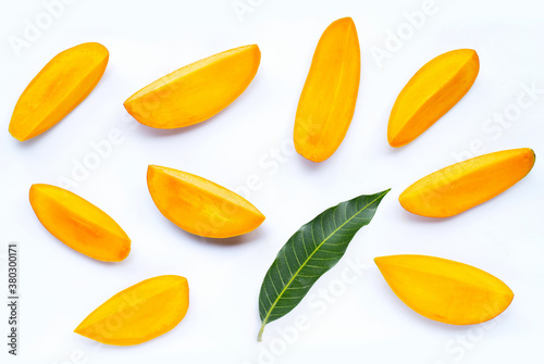 Tropical fruit, Mango slices on white background.