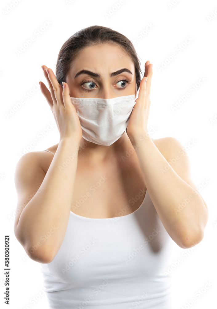 Sick beauty white girl with protective mask. Pandemic quarantine corona virus. Illness influenza patient. Anti flu treatment stock photo Sick beauty white girl with protective mask. Pandemic quarantine corona virus. Illness influenza patient. Anti flu treatment stock photo