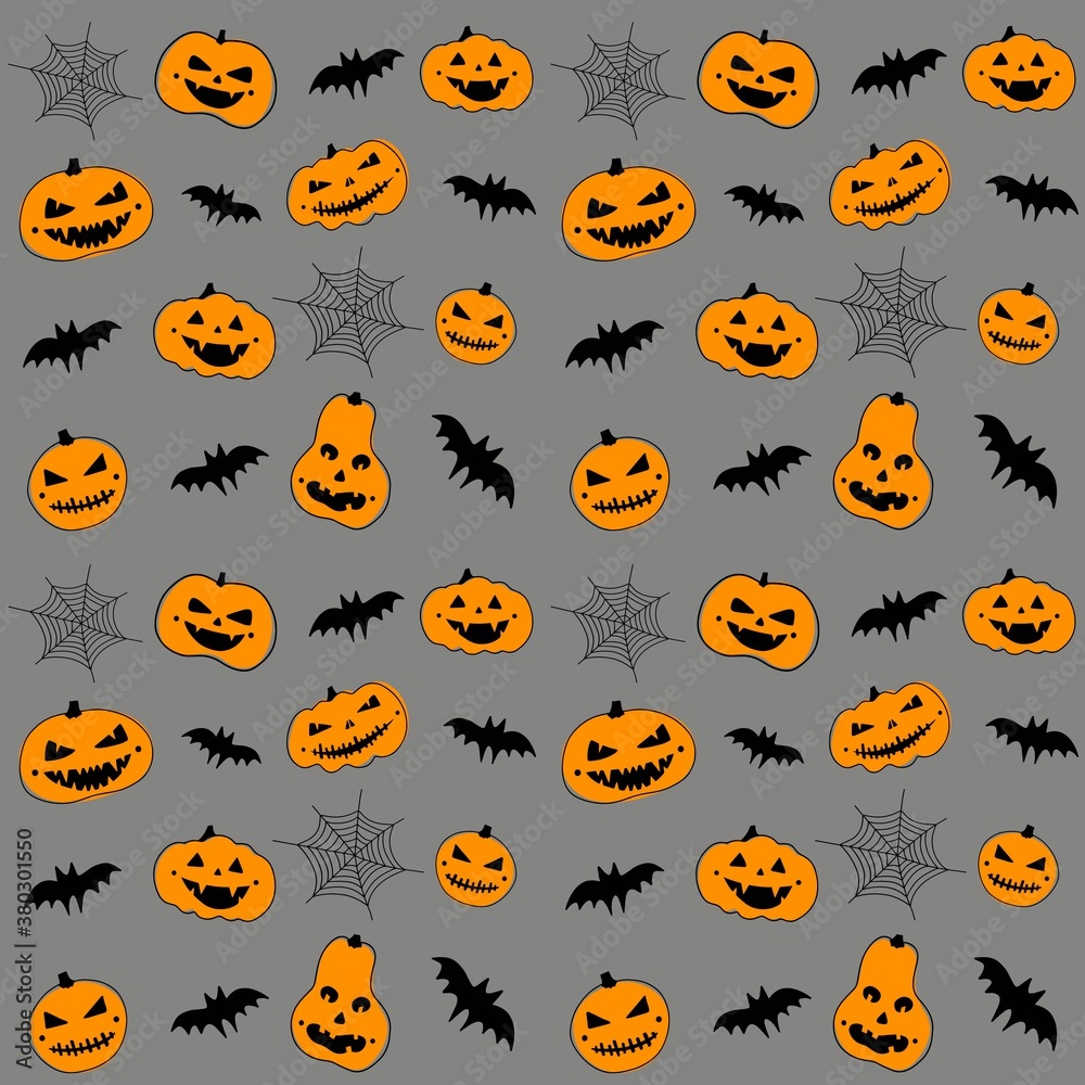 Fototapeta premium Vector seamless pattern. Different spooky pumpkins and bats on grey background