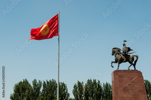 Monument and the flag of Kyrgyzstan, Bishkek, Kyrgyzstan. photo