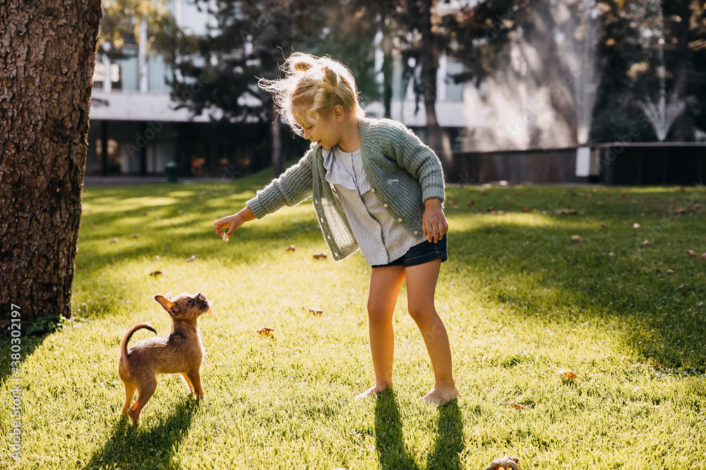 Little blonde girl playing with a puppy outdoors, in a park. Little blonde girl playing with a puppy outdoors, in a park.