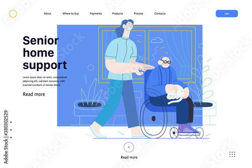 Medical insurance - senior home support - modern flat vector concept digital illustration -a nurse rolling a wheel chair with a senior patient at his home. Home medical service, part of insurance plan