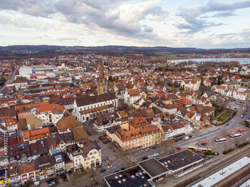 Fototapeta Naklejka Na Ścianę i Meble -  Aerial Still Shot of South German City Radolfzell near Lake Constance at March at Cloudy Weather