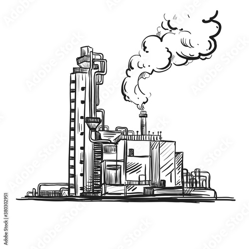 Hand drawn sketch black and white of oil-well industry. Vector illustration. Elements in graphic style label, card, sticker, menu, package.