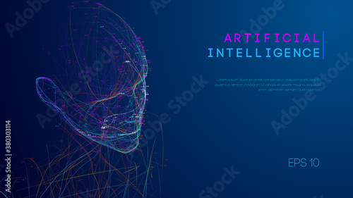 Ai digital brain. Artificial intelligence concept. Human head in robot digital computer interpretation. Wireframe head concept.