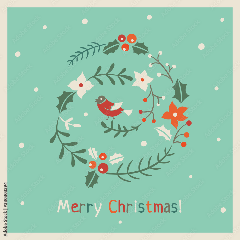 Christmas card with greeting wreath and bird in retro style on green background Christmas card with greeting wreath and bird in retro style on green background