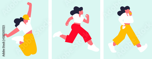 Woman sport activities. Beautiful young woman. Fitness activities. Girl character run, jumping. Vector illustration set. Sportive ladies working out. Healthy lifestyle.