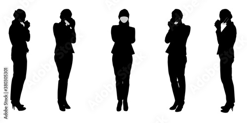 Vector concept conceptual  silhouette women working while social distancing as means of prevention and protection against coronavirus contamination. A metaphor for the new normal.