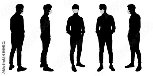 Vector concept conceptual  silhouette men talking while social distancing as means of prevention and protection against coronavirus contamination. A metaphor for the new normal.