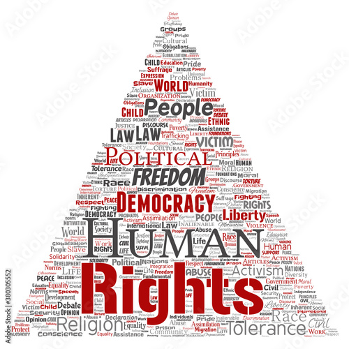 Vector conceptual human rights political freedom, democracy triangle arrow  word cloud isolated background. Collage of humanity tolerance, law principles, people justice or discrimination concept