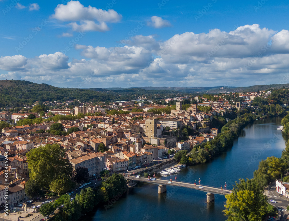 Aerial panorama of medieval houses in the old town of Cahors, France
