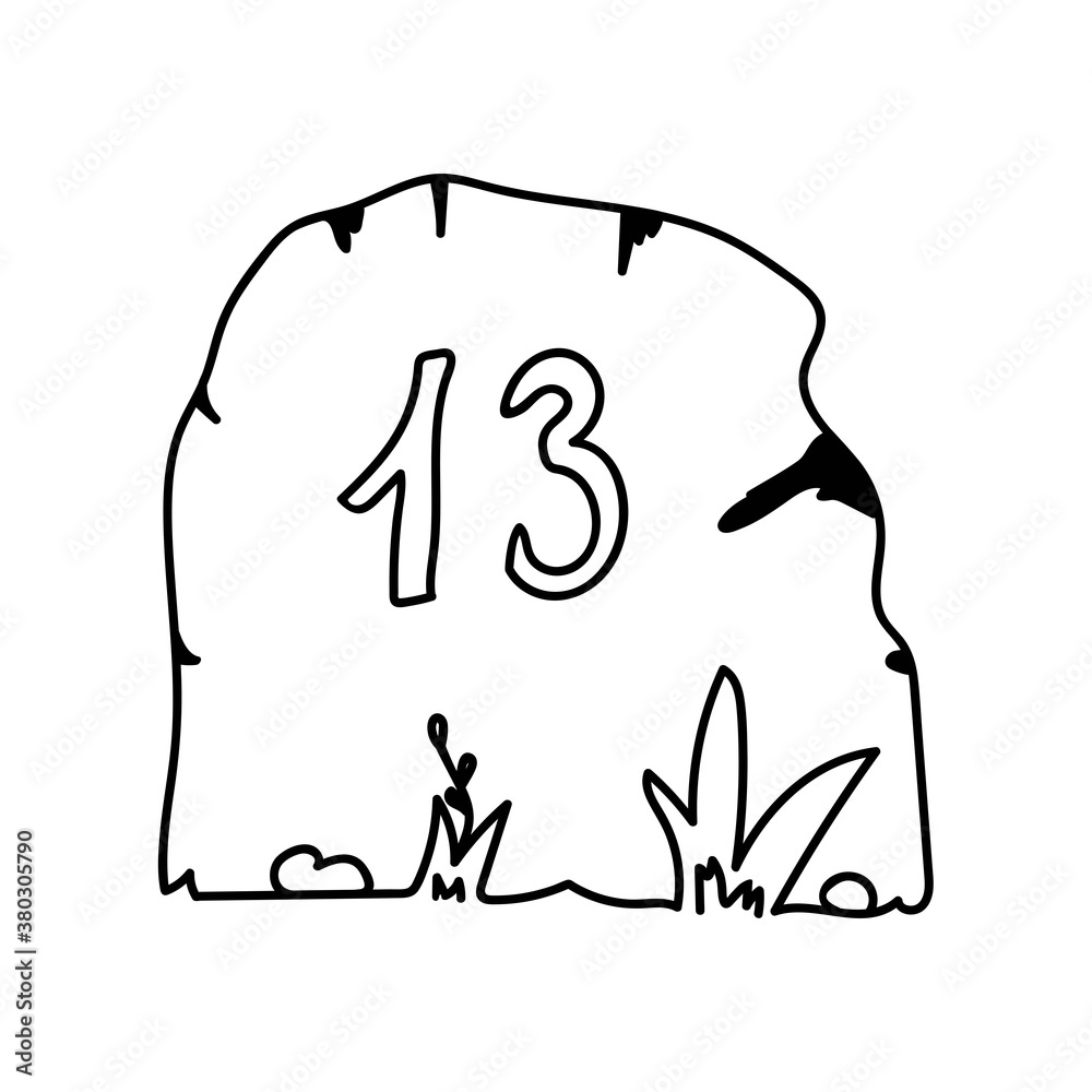 The black outline of the tombstone with the inscription 13, leaves, grass and stones is isolated on a white background. The black outline of the tombstone with the inscription 13, leaves, grass and stones is isolated on a white background.