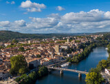Aerial panorama of medieval houses in the old town of Cahors, France