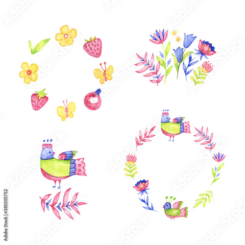 Hand drawn illustration in folk style. Watercolor illustration set isolated on white background.