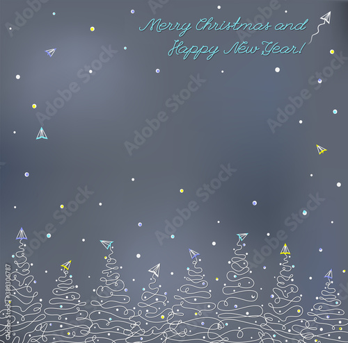 Holiday card with Christmas trees and paper airplanes on snowy grey background. New Year banner with empty space for text 