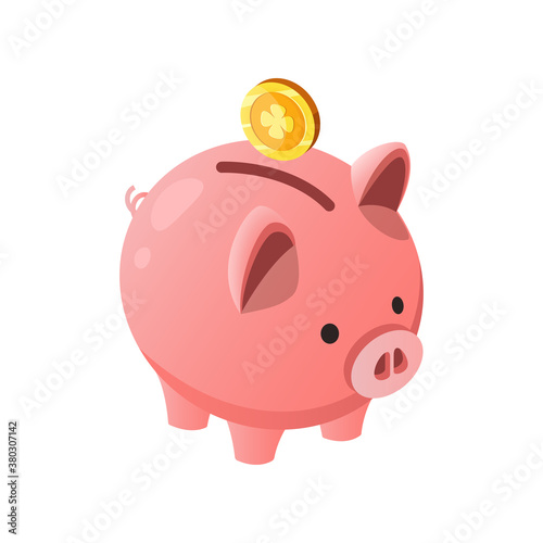 Piggy bank with coins. Pink pig in the form of a piggy bank.