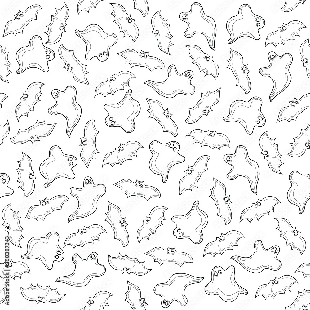Spooky Halloween ghosts and bats seamless pattern template. Cute simple ...
