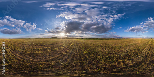 full seamless spherical hdri panorama 360 degrees angle view on among fields in summer evening with awesome clouds in equirectangular projection, ready for VR AR virtual reality content