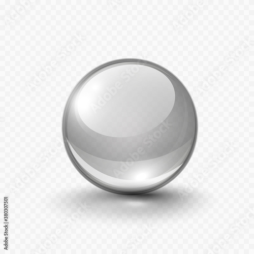 Glass ball isolated on transparent background. Gray translucent orb, 3d sphere. Vector bubble or round button with shadow