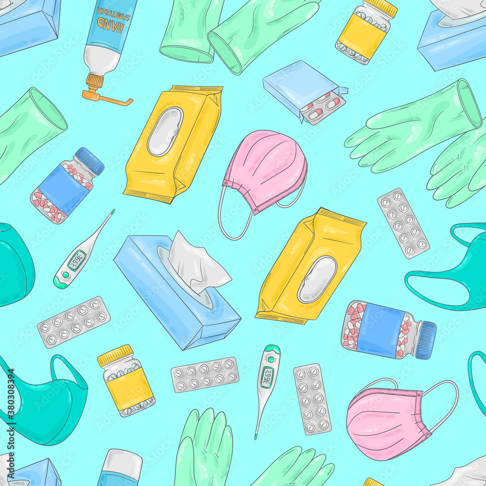 Covid-19 doodle pattern. Coronavirus protection and treatment. Medical equipment background. Face mask, sterile gloves, pills, thermometer, sanitizer gel.