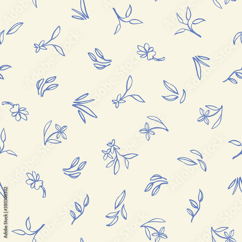 Retro ditsy floral all over pattern. Vintage kitchen folk art floral design. Line art florals on cream colored background. Country style nature background. Perefect for kitchen ware, wallpaper and