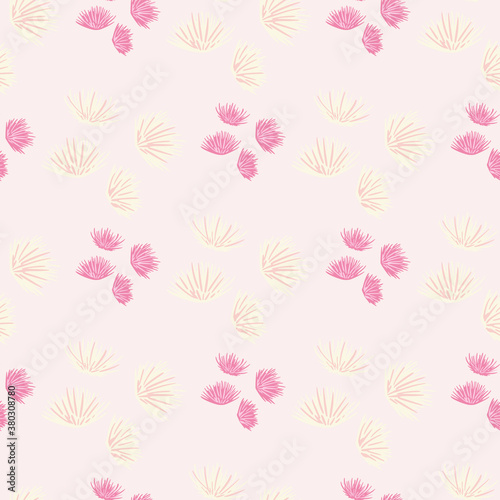 Pastel light seamless pattern with thorn flower bud silhouettes. Pink colored ornament. Simple floral backdrop. © smth.design