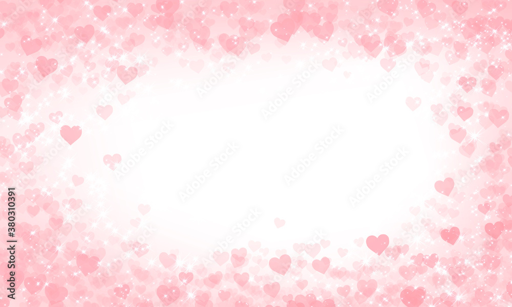 Romantic pink cute light saturated bright background with many hearts and shining small stars, with a place for text in the center.