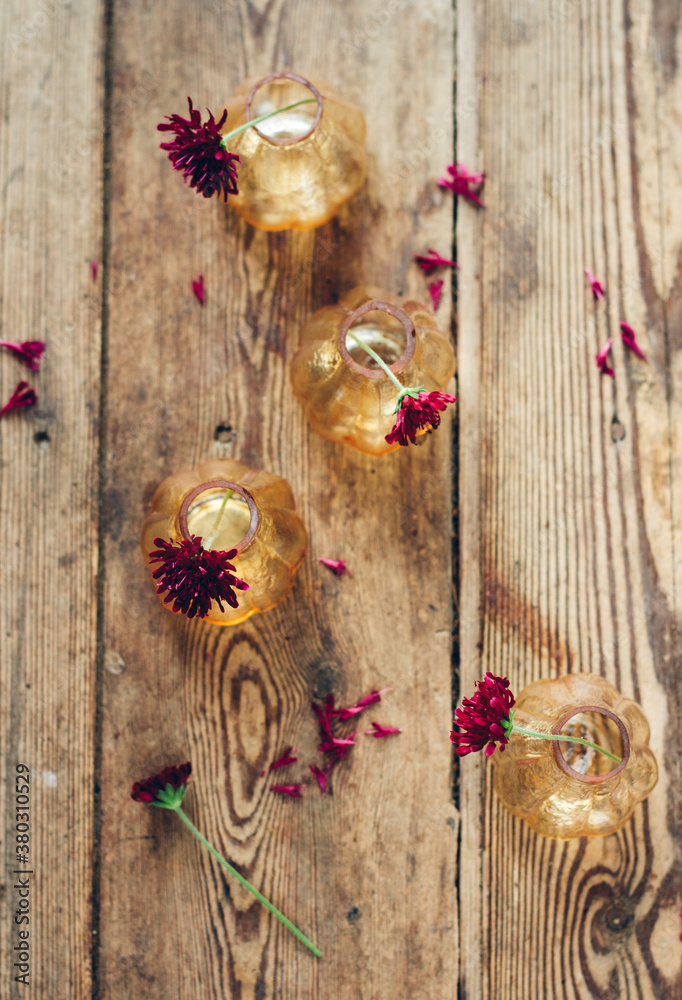Knautia Macedonica in lustre bud vases. Knautia Macedonica in lustre bud vases.