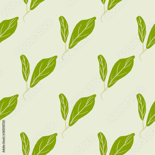 Green leaves diagonal ornament doodle seamless pattern. Light background. Botanic simple hand drawn print.
