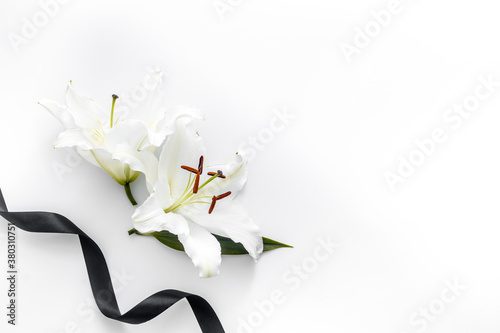 Photography Funeral concept with lily and black ribbon, space for text
