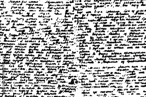 Grunge texture of handwritten unreadable handwritten text written in ink carelessly and sloppily. Monochrome background of illegible handwriting. Vector illustration. Overlay template.