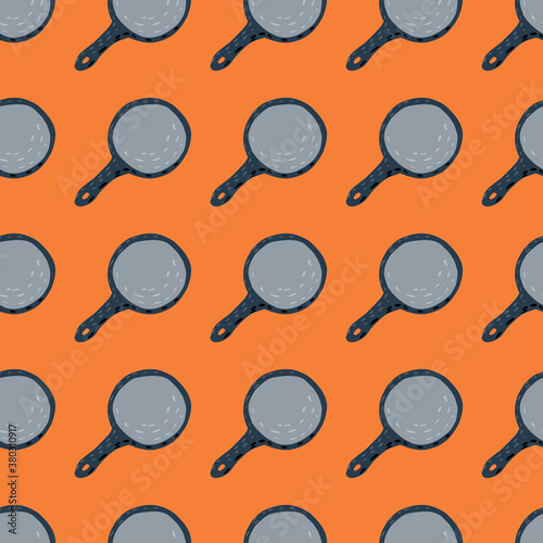 Bright contrast seamless kitchen pattern with pans figures. Dishware grey elements on orange background. Fry dood artwork. photo