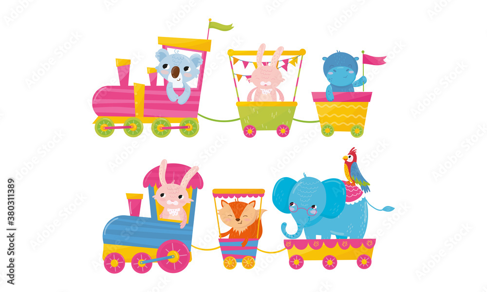 Cute Animals Riding Train or Locomotive Vector Set