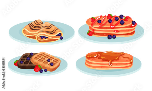 Pancakes with Caramel and Waffle with Berries Served on Plates Vector Set