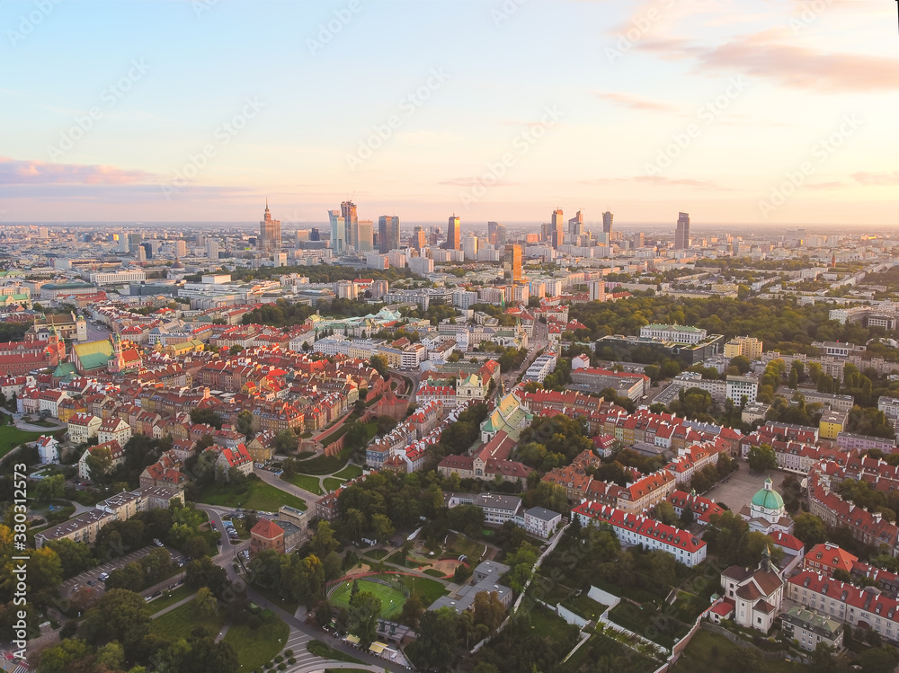 Old town with modern city downtown in a background. Drone, aerial view
