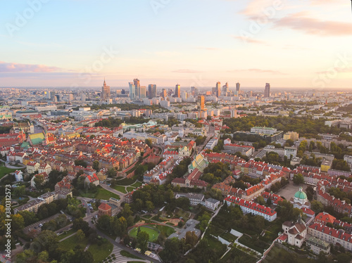 Old town with modern city downtown in a background. Drone, aerial view